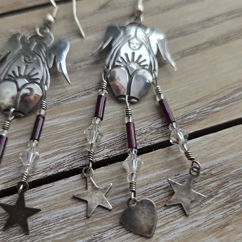 SterlingSilver & Burgundy VTG Angel Dangle Earrings Whimical Goth Southwestern - Picture 4 of 7